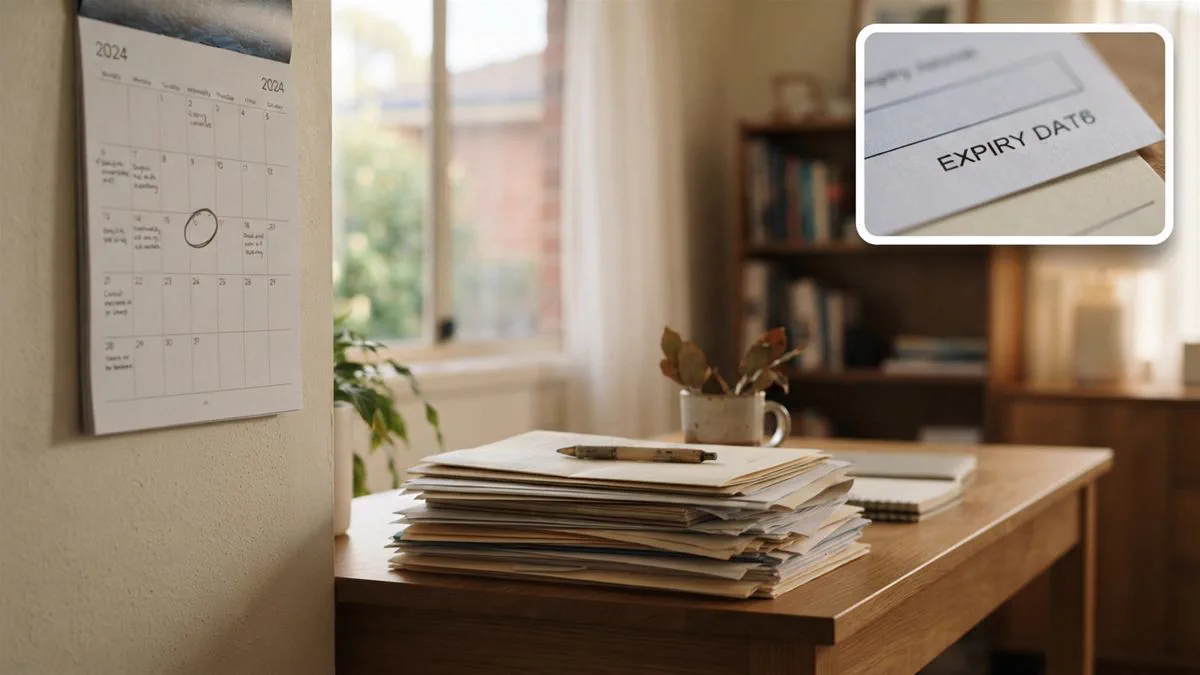 A wall calendar with a date circled in pen beside a stack of paperwork.
